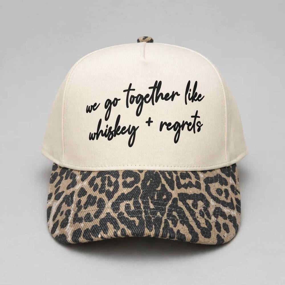 NEW DAVID & YOUNG unisex - whiskey & regrets leopard canvas trucker hat in beige